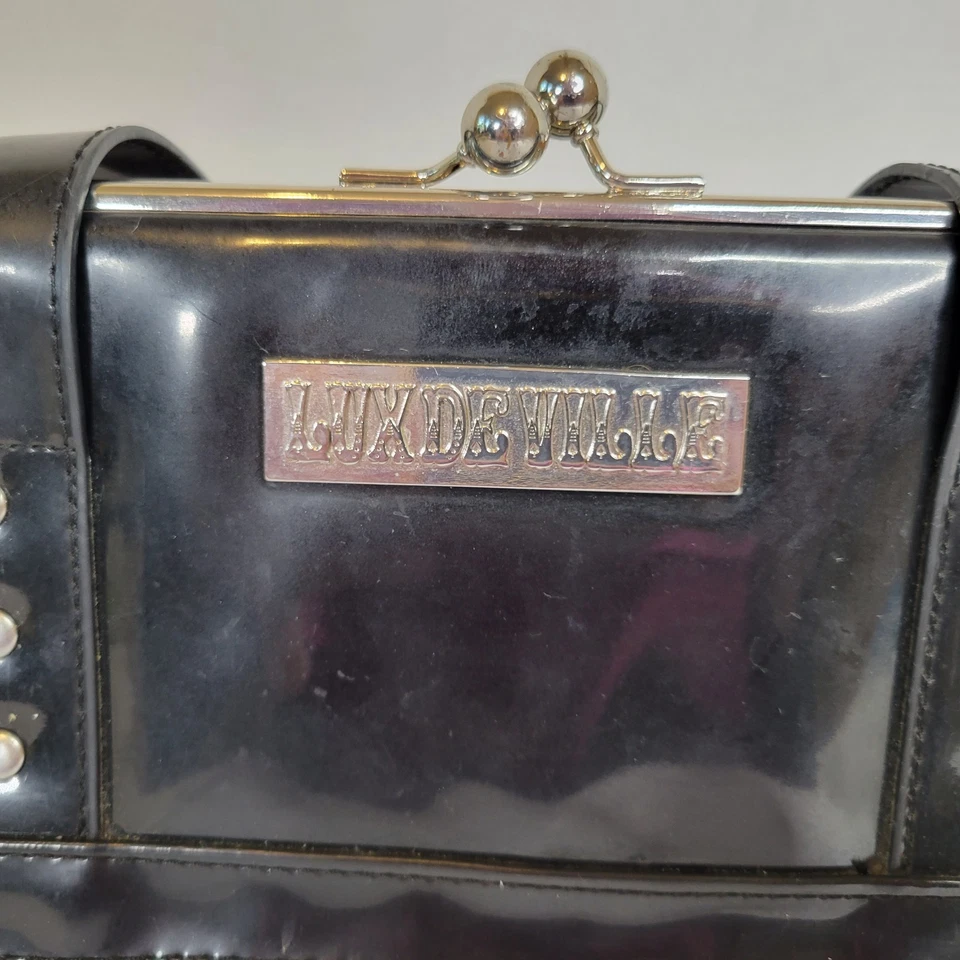 Bolso Cartera Lux De Ville Negro Imitación Charol Gorrión Bloqueo de Beso Rockabilly Foto 4 de 4