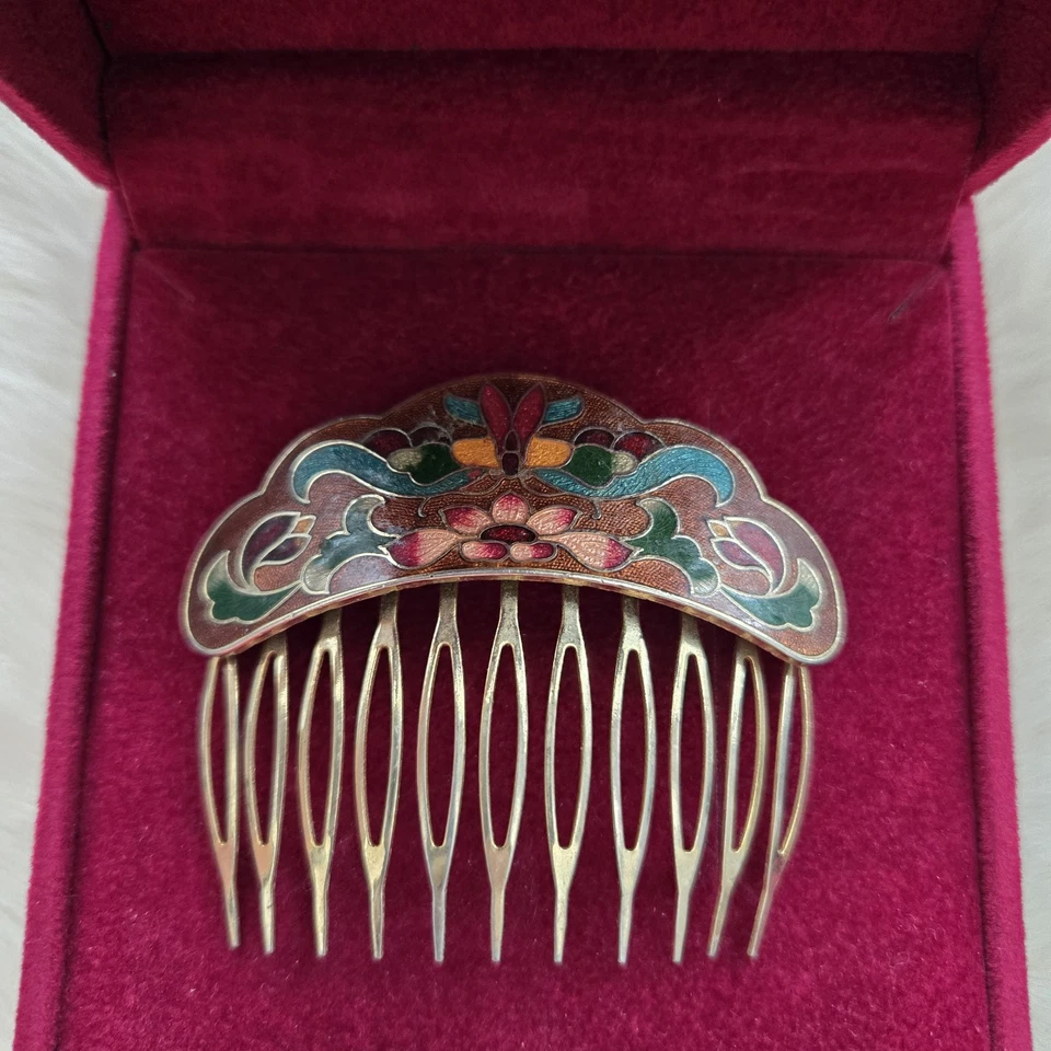Peine de pelo floral esmaltado cloisonné metal dorado vintage años 80 Foto 4 de 4