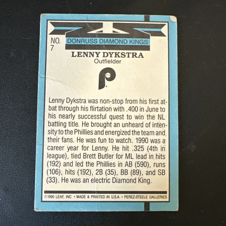 Len Dykstra 1990 Donruss Diamond Kings #7 Error Card No '.' After INC - Image 2 of 2