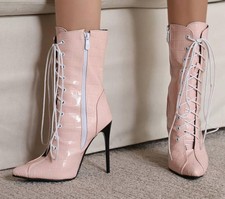 Ankle Boots High Stiletto Heel Pointy Toe Stone Pattern Womens Lace Up Shoes New