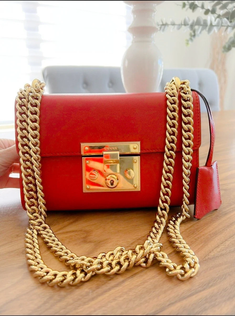 Gucci Padlock in Rare Style Red Calfskin Leather w 2 Keys Bag made in Italy