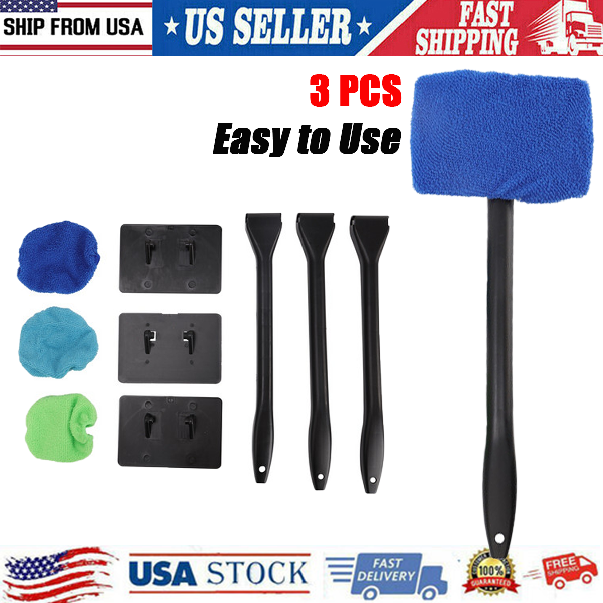 3x Window Windshield Cleaning Tool Microfiber Car Wiper Cleaner Glass Brush