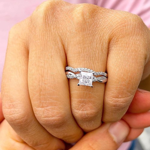 2 Carat Princess Cut Moissanite Bridal Set Wedding Rings Solid 14K White Gold