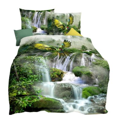 JACK by Kaeppel Mako Satin Digitaldruck Bettwäsche 2 tlg Wasserfall Papagei Grün