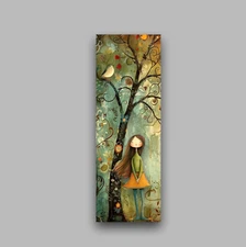 Whimsical unique bookmark girl in tree forest with cute bird gift for readers