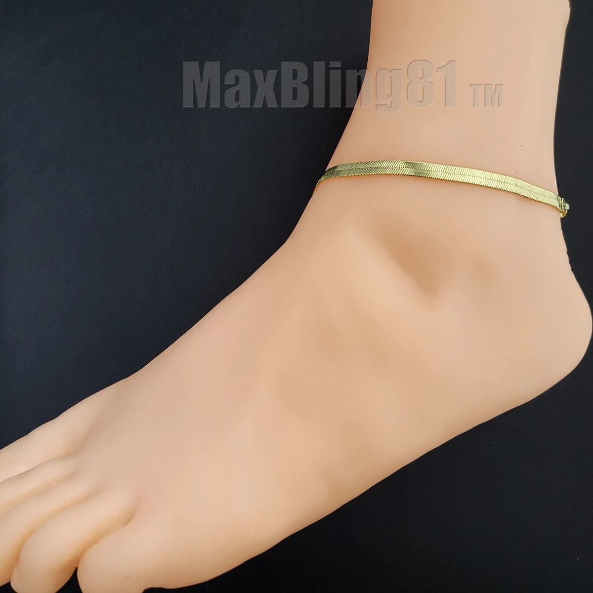 14K ITALY Gold Plated Brass 4mm HERRINGBONE Bling Ankle Bracelet