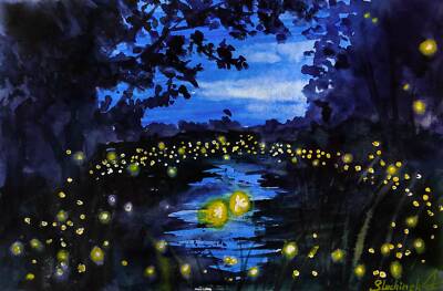 Lake Painting Firefly Watercolor Original Art Nature Artwork Forest Wall Art