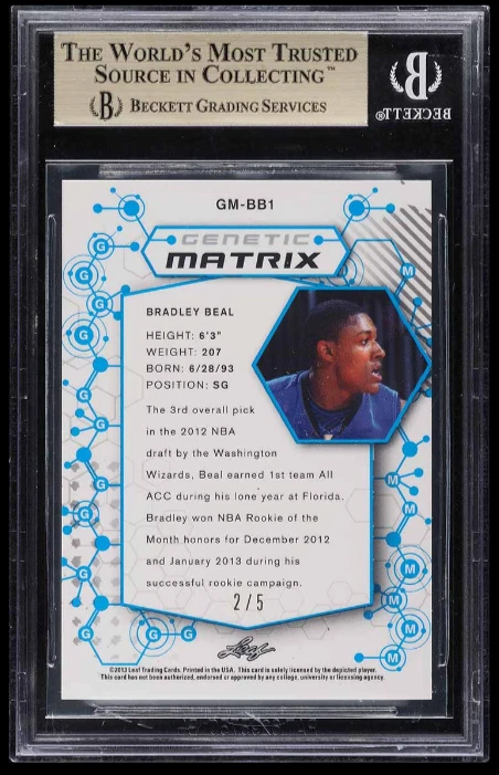 POP 1: Bradley Beal BGS 9.5: 2013 Leaf Rookie Retro Genetic Matrix Gold Gisto /5 - Image 2 of 3