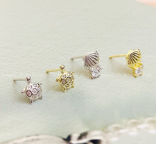 S925 Sterling Silver CZ Turtle Tortoise Seashell Asymmetric Stud Earrings