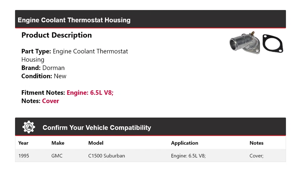 For 1995 GMC C1500 Suburban 6.5L V8  Dorman Engine Coolant Thermostat Housing - Image 2 of 4