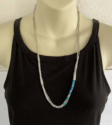 Vintage Native American Liquid Sterling Silver Turquoise Necklace 24 