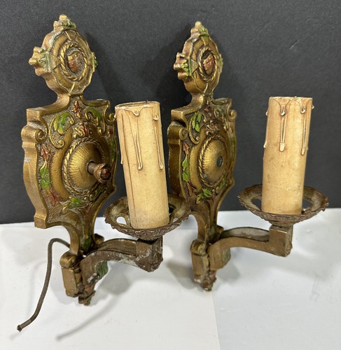 Antique Art Deco Polychrome Wall Sconces Lamp Light Fixtures 1920s Pair