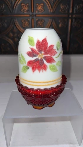 Fenton Glass Fairy Lamp White Poinsettia Top w/ GLOWS Ruby Red Base by S Jackson