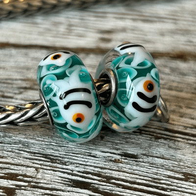 TROLLBEADS White Black Fish Unique Bead #1 LAA NEW in Pouch! o/Turquoise Bubbles