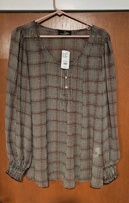 Suzanne Betro Sheer Black, Tan & Red Plaid Top Boho Size Medium