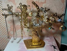 Vintage Gold Tone Metal Owl On Tree w/Branches Earring Jewelry Holder
