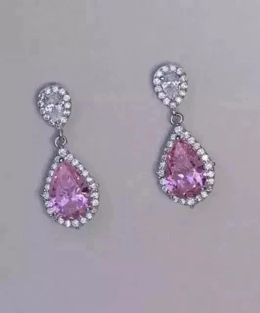 Women's 3Ct Pear Cut Lab Created Pink Sapphire Earrings 14K White Gold Plated - Image 3 of 4