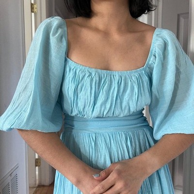 princess polly baby blue dress puff sleeve open back mini dress light blue princess costume summer vacation  Med