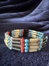 Native American Style Porcupine Quill & Turquoise Bead Bracelet Multi-Strand