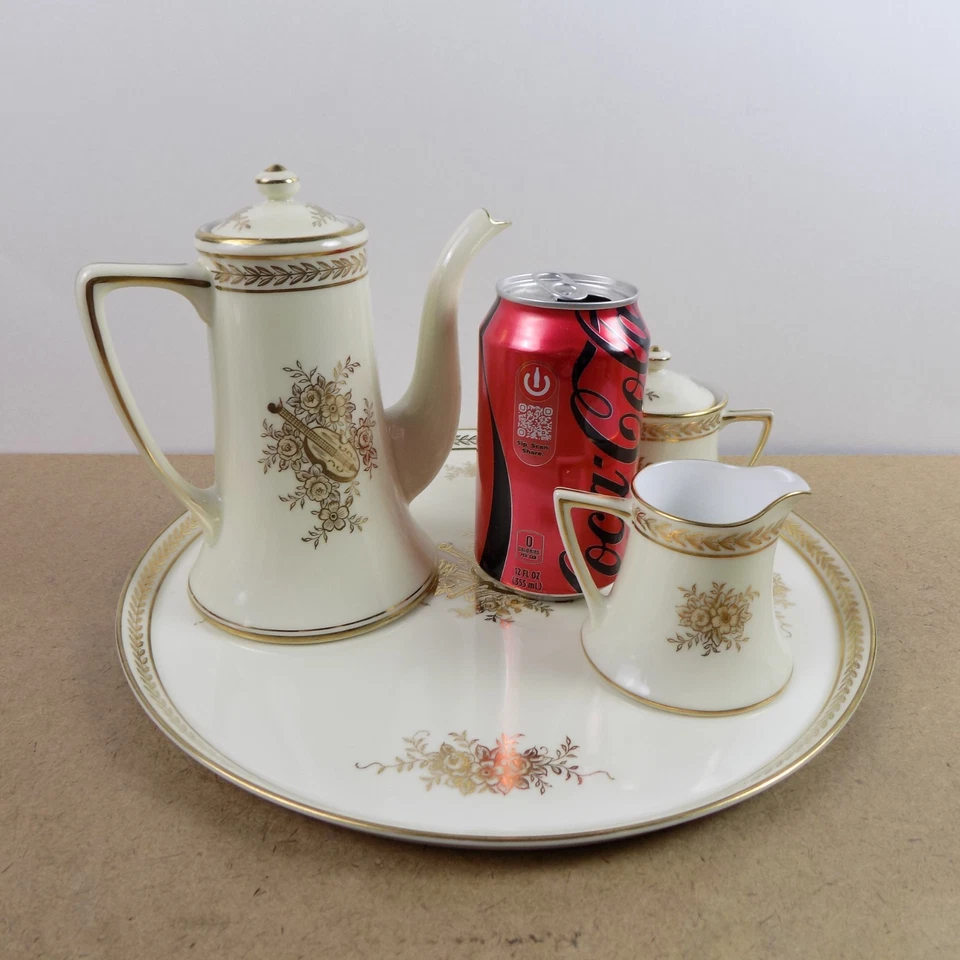 Juego de café Noritake porcelana Demitasse guitarra dorada flores bandeja olla tazas platillo - Imagen 4 de 4