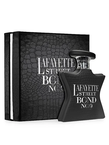 Black bottle of Bond No. 9 Lafayette Street EDP 3.3oz with embossed logo and “Lafayette Street Bond No. 9” text on box.