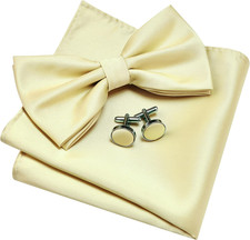 Mens Solid Color Double Fold Pre-tied Bow Tie and Pocket Square Cufflink Set wit