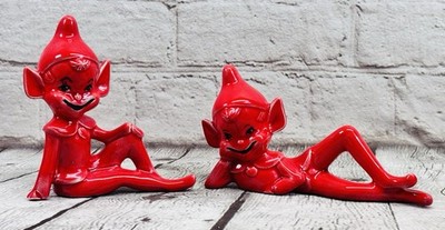Vintage Red Pixie Elf Ceramic Figurines Set Shelf Sitters 1950s Japan Style