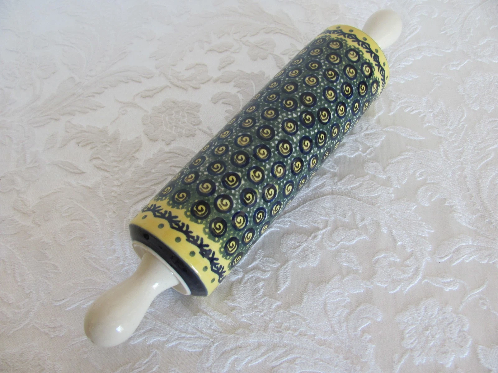 Boleslawiec Polish Pottery Rolling Pin - Peacock eyes - Blue, Yellow, Green