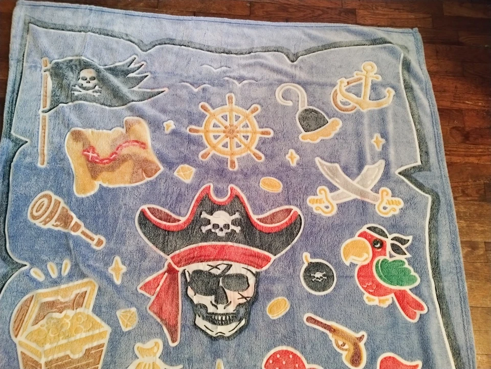 Manta suave azul barco pirata tesoro niños loro calavera 49x60 Foto 2 de 4