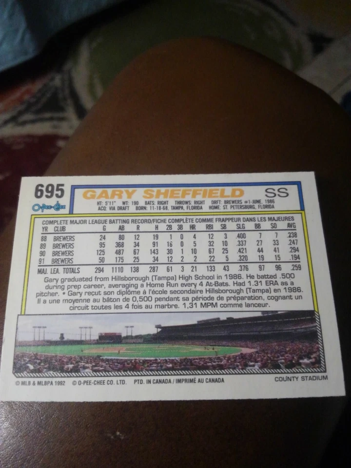 GARY SHEFFIELD 1992 O-PEE-CHEE #695 FREE SHIPPING - Image 2 of 2
