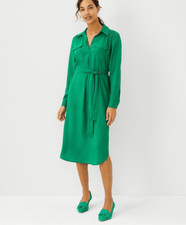 Ann Taylor Womens Collared Belted Collared Long Sleeve Shirt Dress Green Medium