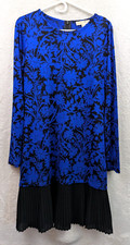 Michael Kors sz M Shift Dress blue & black print slinky stretchy pleated 1144