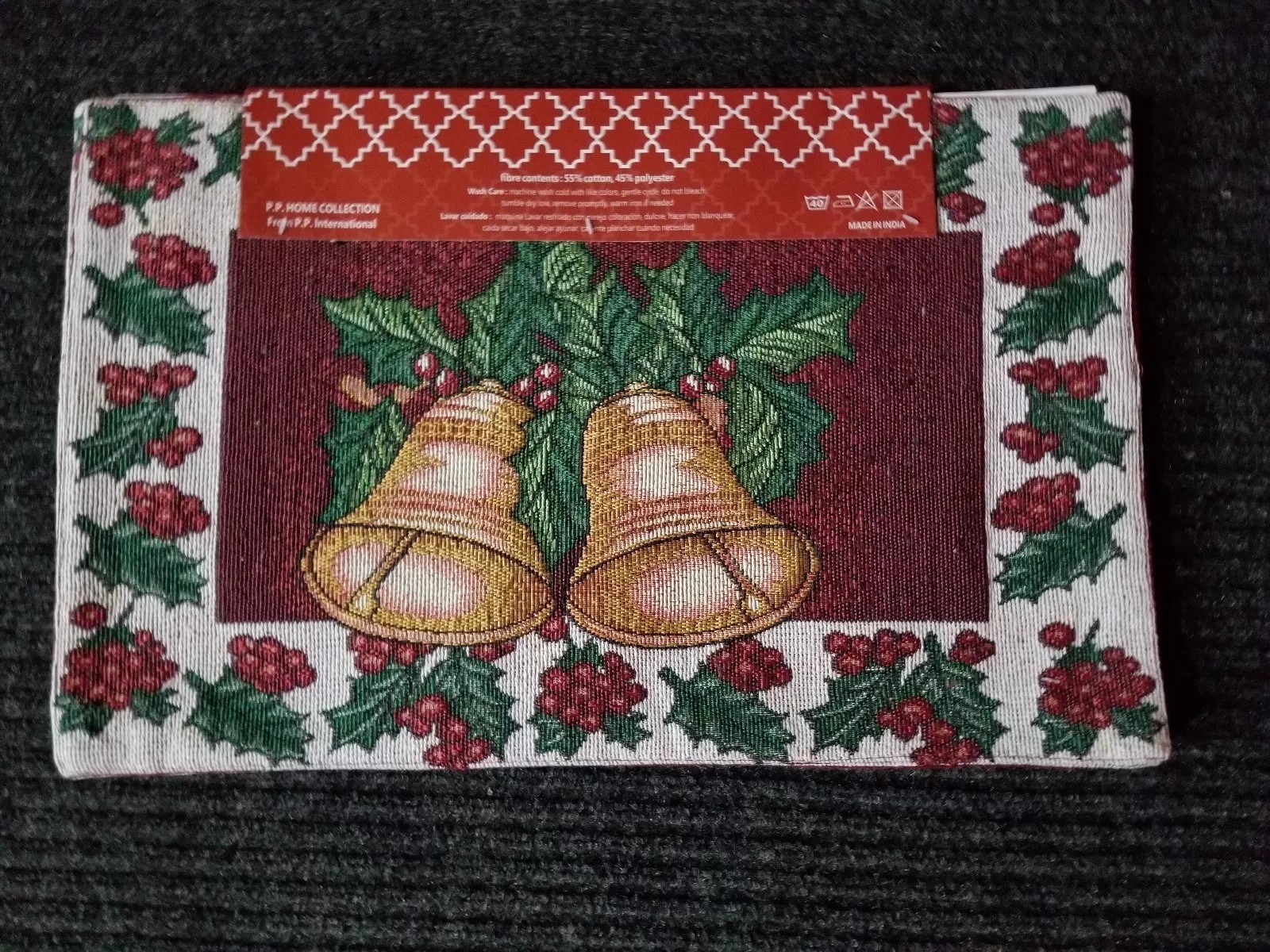 Christmas Tapestry Placemats Set/4 13x19 Holiday Bells Holly Leaves