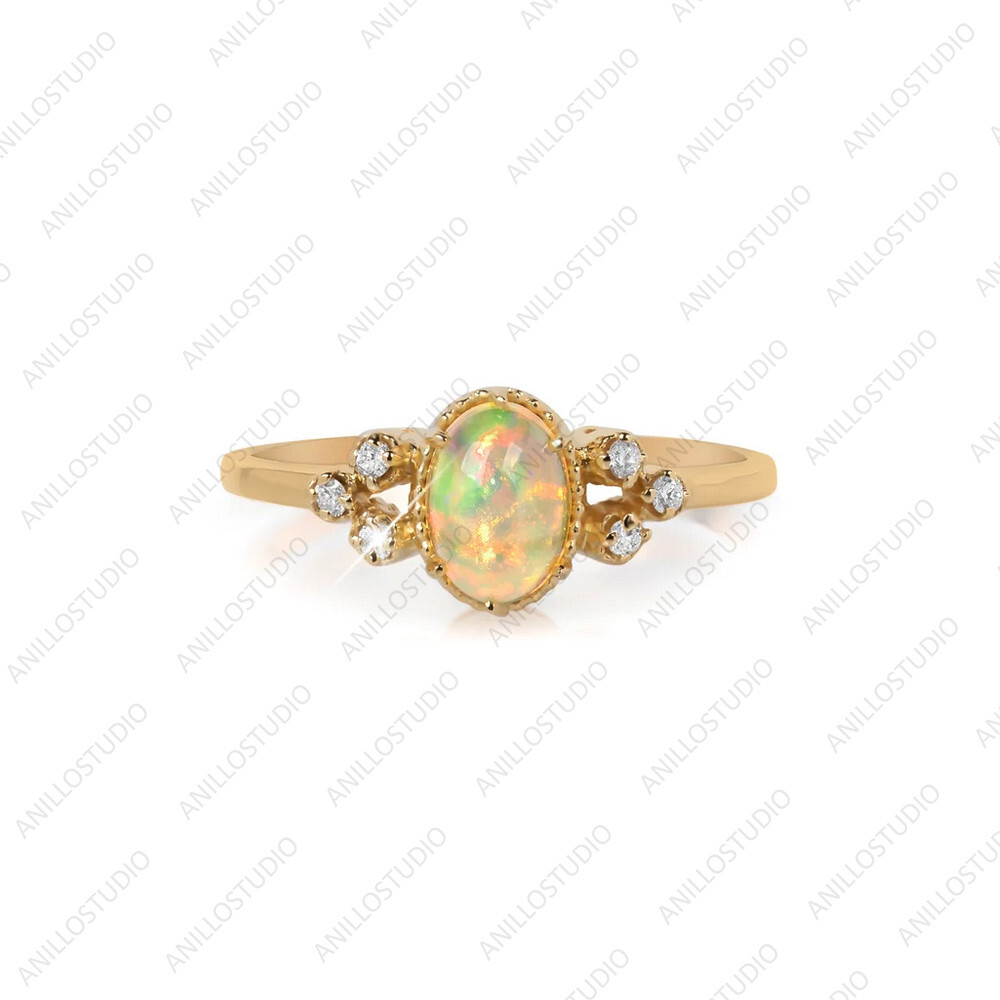 5x7mm Oval Ethiopian Opal Trio Diamond Ring 18k Yellow Gold-image