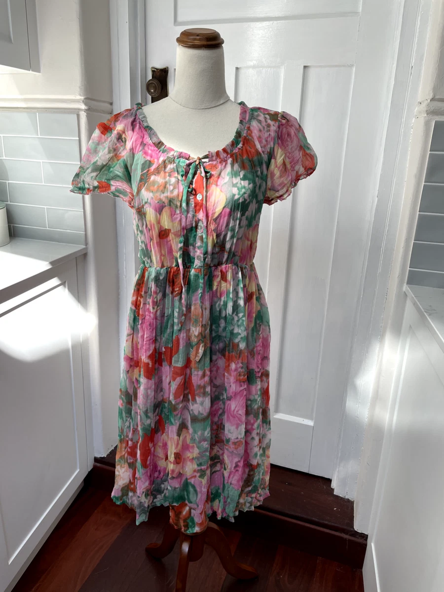 Miladys Floral Dress S 8 Button Bodice Cap Sleeves 50s Vibe (D92