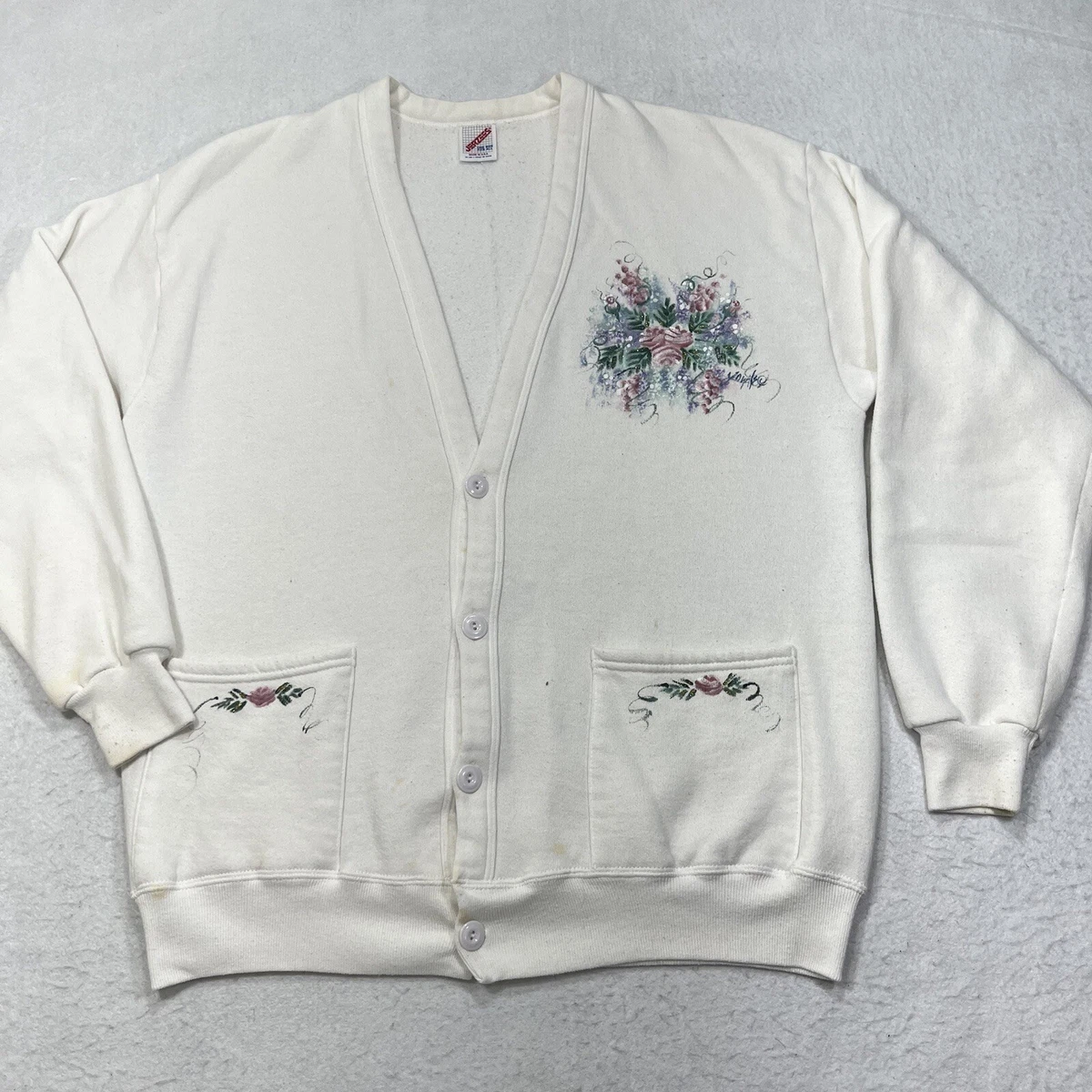 Vintage JERZEES One Size Fits All Fleece Lined Cardigan Sweater Glitter Floral