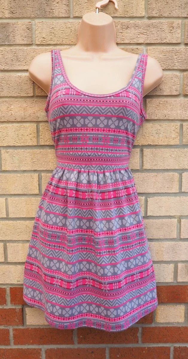 HOLLISTER GREY PINK TRIBAL KNIT JUMPER SLEEVELESS A LINE SKATER