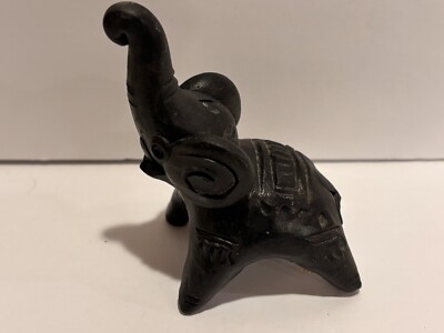 Vintage Hand-Carved Black Elephant Figurine Heavy Clay Ceramic Bangladesh 3.5 