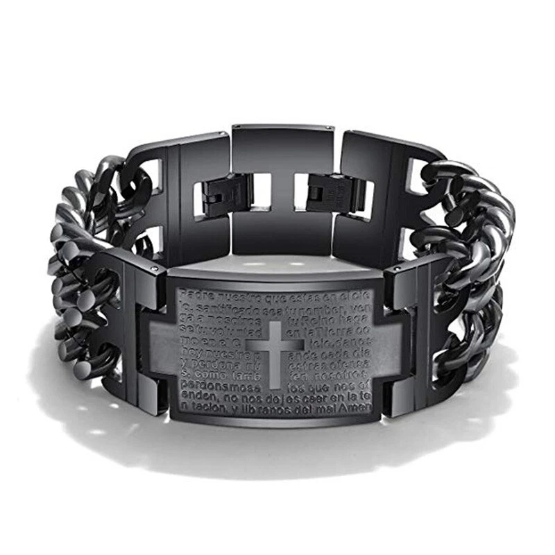Pulsera de acero inoxidable para hombre de Navidad Cruz Biblia española señores oración eslabón muñeca Foto 3 de 4