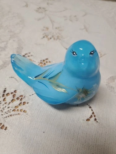 Fenton Blue Milk Glass Painted Dandelion Song Bird 5393 1A Signed