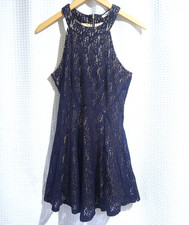 Bleuh Ciel Navy Lace Fit & Flare Dress Women’s Med Beige Lining Party / Cocktail
