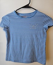 Cat Jack Girls Blue White Striped T-Shirt Size M 8 Butterfly Rhinestone Top