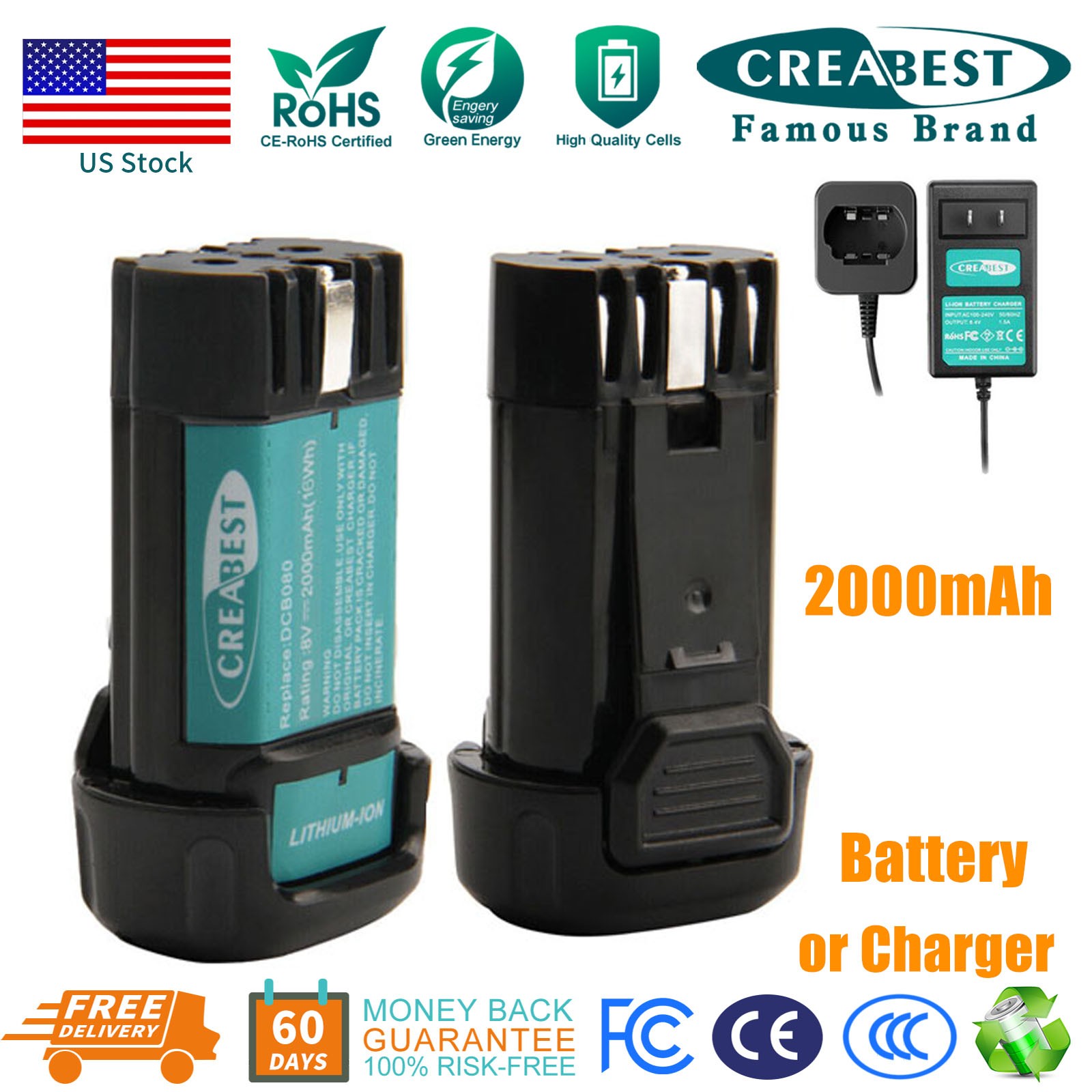 For Dewalt DCB080 DW4390 DCL023 DCF680G2 DCF680N1 2AH 8V Li-ion Battery/Charger