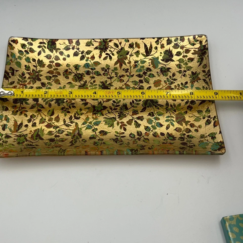 Fringe Studio Decorative Trinket Tray Gold Floral Pattern Glass Dish Vanity Deco - Image 3 of 4