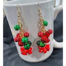 Red Green Jingle Bell Cluster Dangle Earrings Christmas Holiday New E159