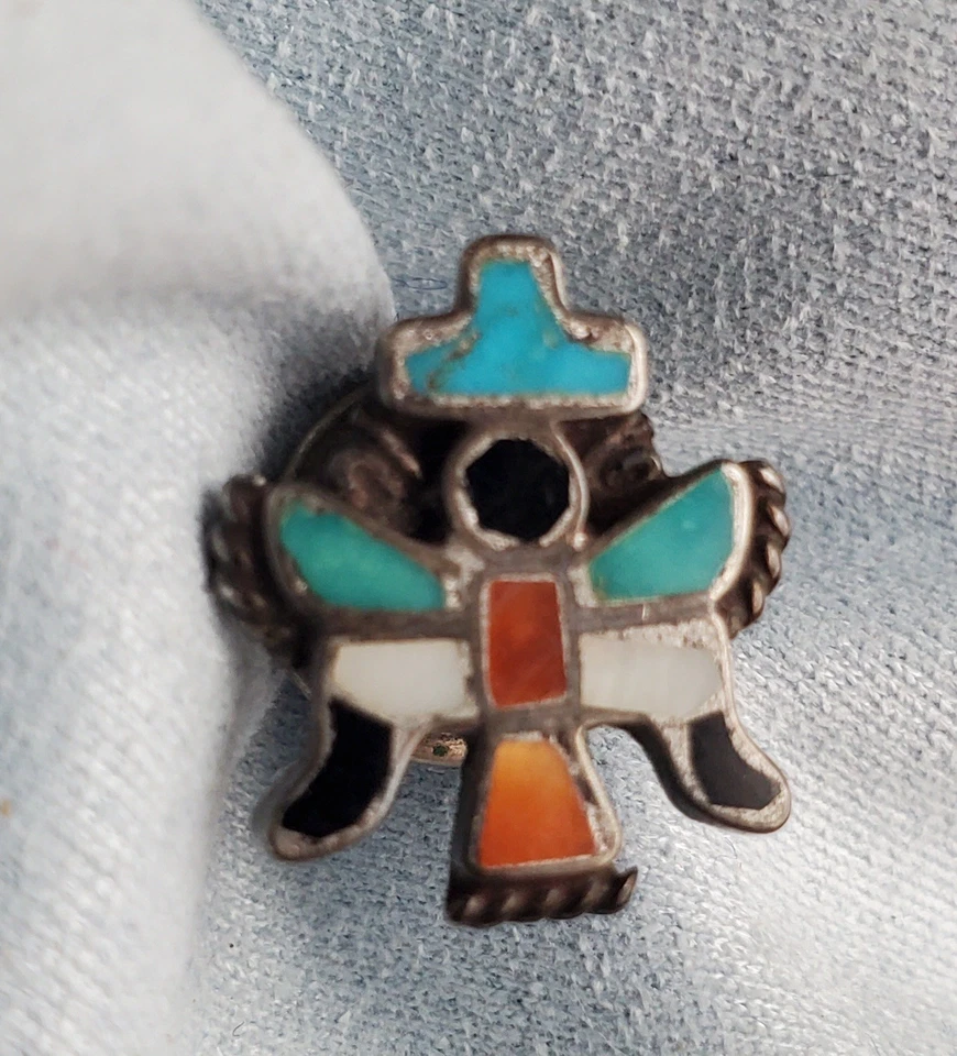 VTG Zuni Silver Coral Turquoise Mother Pearl Onyx Tie Tac Wing Man Western Wear - Image 3 of 4