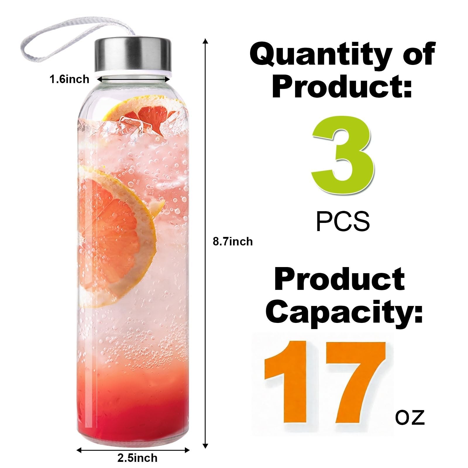 3 Packs Glass Water Bottles with Lid Clear Juice Reusable Bottle Travel-18Oz
