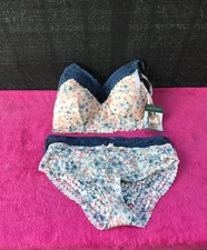 LAURA ASHLEY Lace Bralette & Hipster Set 4 Piece Pink Floral & Blue Bra - Size L