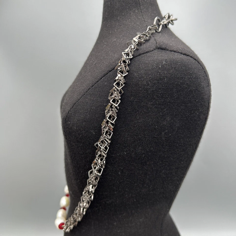 手工制作正品淡水珍珠红色红宝石水晶方形链 — 第 2/4 张图片