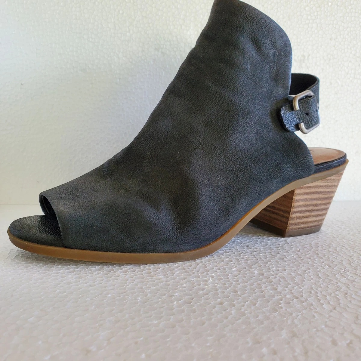 Lucky Brand Bray Leather Booties Womens 8.5m Black Peep Toe Block